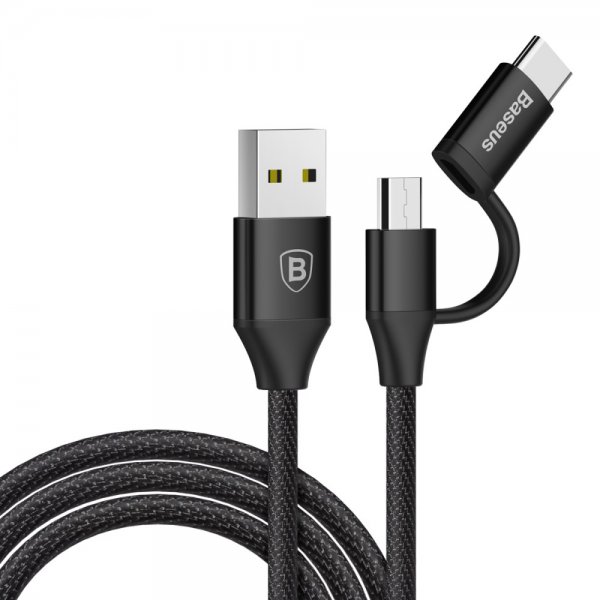 2-i-1 Kabel USB till Micro USB + Type-C 1m Svart