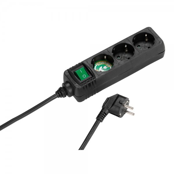 3-vägs Grenuttag med Strömbrytare 1.4m Svart