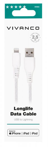 Kabel Longlife Braided USB-A/Lightning 2.5m Vit