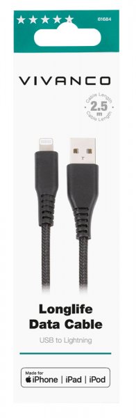 Kabel Longlife Braided USB-A/Lightning 2.5m Svart