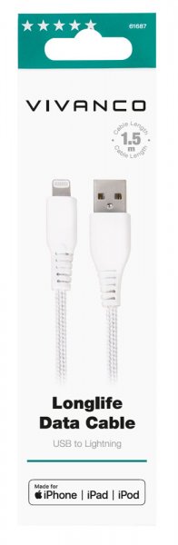 Kabel Longlife Braided USB-A/Lightning 1.5m Vit