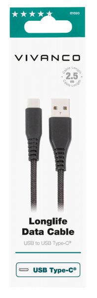 Kabel Longlife Braided USB-A/USB-C 2.5m Svart
