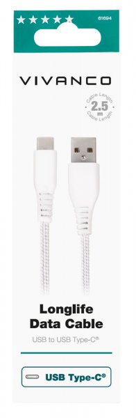 Kabel Longlife Braided USB-A/USB-C 2.5m Vit