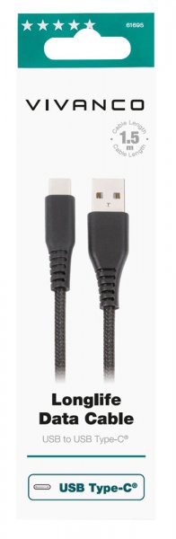 Kabel Longlife Braided USB-A/USB-C 1.5m Svart