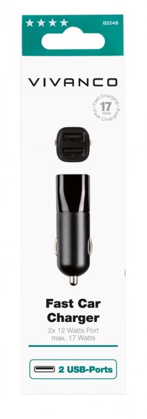 Billaddare Fast Car Charger 2xUSB-A 17W Svart