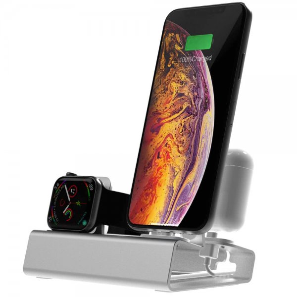 3-i-1 Hållare för iPhone. Apple Watch och AirPods Silver