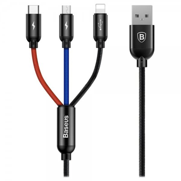 3-i-ett Kabel 3.5A Micro USB. Type-C. Lightning 1.2 m Trefärgad Svart