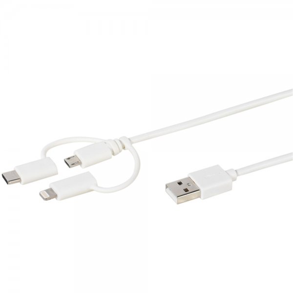 3-i-ett Kabel USB-C/Lightning/Micro-USB 1 meter Hvid