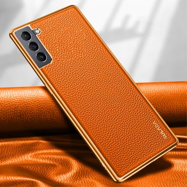 Samsung Galaxy S21 Skal Litchimönster Pläterad Kant Orange