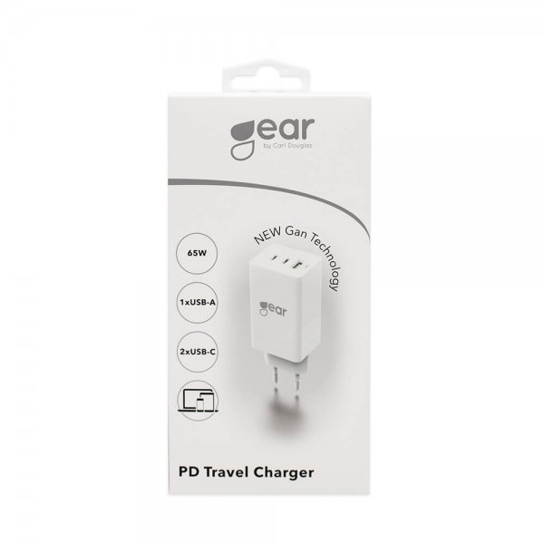 Laddare GAN 2xUSB-C + 1xUSB-A PD 65W Vit