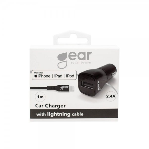 Billaddare 1xUSB 2.4A Lightning Kabel 1m MFI Svart