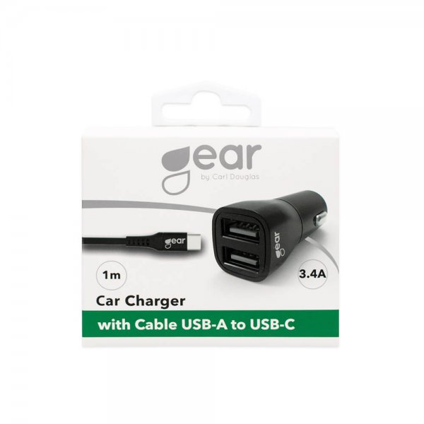 Billaddare 2xUSB 3.4A USB-C Kabel 1m Svart