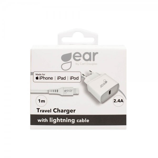Laddare 1xUSB 2.4A Lightning Kabel 1m MFI Vit