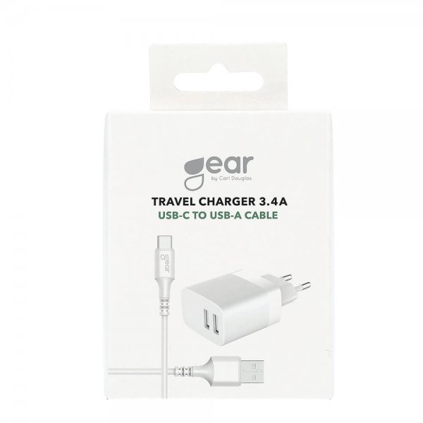 Laddare 2xUSB 3.4A Vit USB-C Kabel 1m