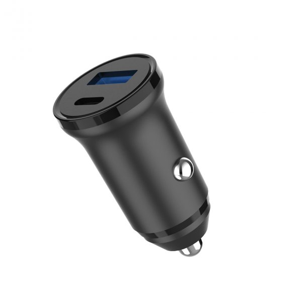 Billaddare USB-C PD 30W + USB-A QC18W Svart