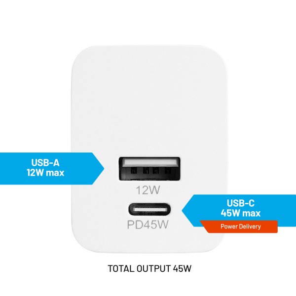 Laddare Dual Port 45W USB-C PD & USB-A