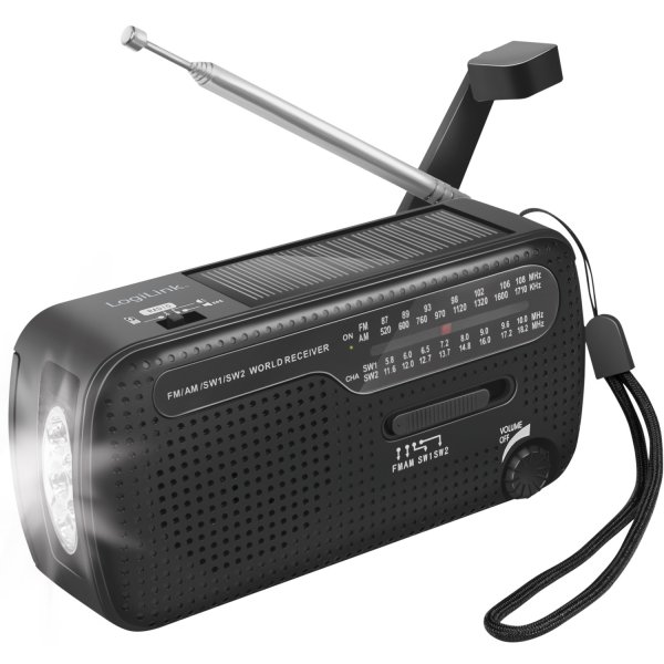 Vevradio med ficklampa och solcell
