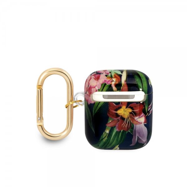 AirPods 1/2 Skal Flower Print & Gold Hook Blå