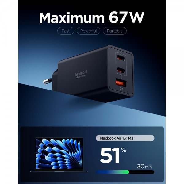 Essential Laddare 67W 2xUSB-C 1xUSB-A Svart