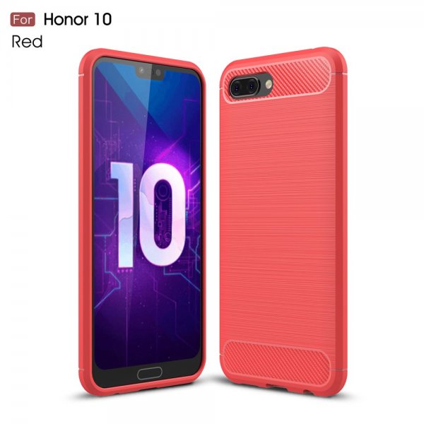 Huawei Honor 10 Skal TPU Borstad och Kolfiber Design Röd