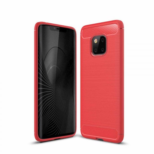 Huawei Mate 20 Pro Skal TPU Borstad och Kolfiber Design Röd