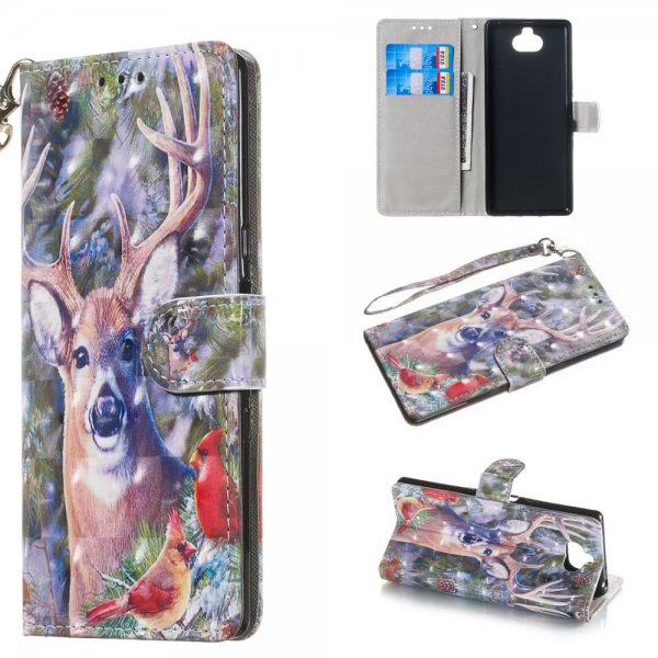 Sony Xperia 10 Plånboksfodral Kortfack Motiv Hjort och Fåglar