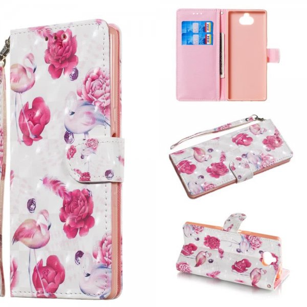 Sony Xperia 10 Plånboksfodral Kortfack Motiv Flamingos och Blommor
