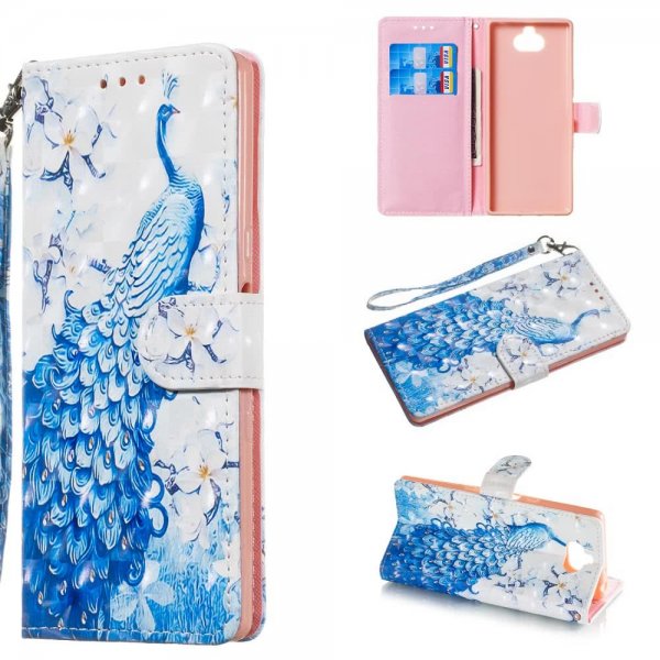 Sony Xperia 10 Plånboksfodral Kortfack Motiv Blå Påfågel