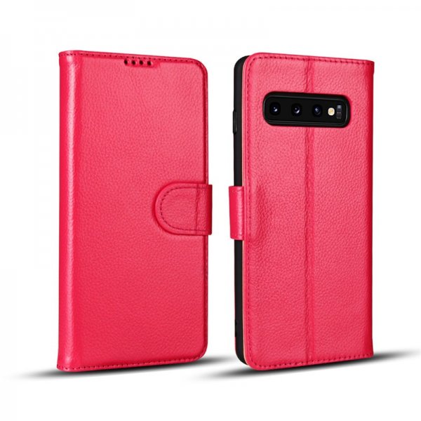 Samsung Galaxy S10 Plus Plånboksfodral Litchi Äkta Läder Röd