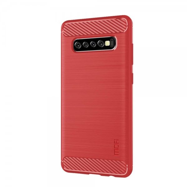 Samsung Galaxy S10 Plus Skal Borstad Kolfibertextur TPU Röd