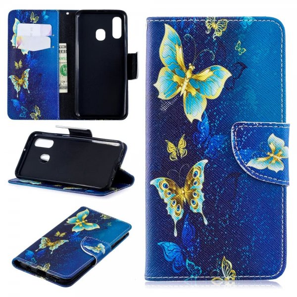 Samsung Galaxy A40 Plånboksfodral PU-läder Motiv Fjärilar på Blått
