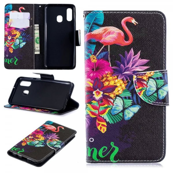 Samsung Galaxy A40 Plånboksfodral PU-läder Motiv Flamingo och Blommor