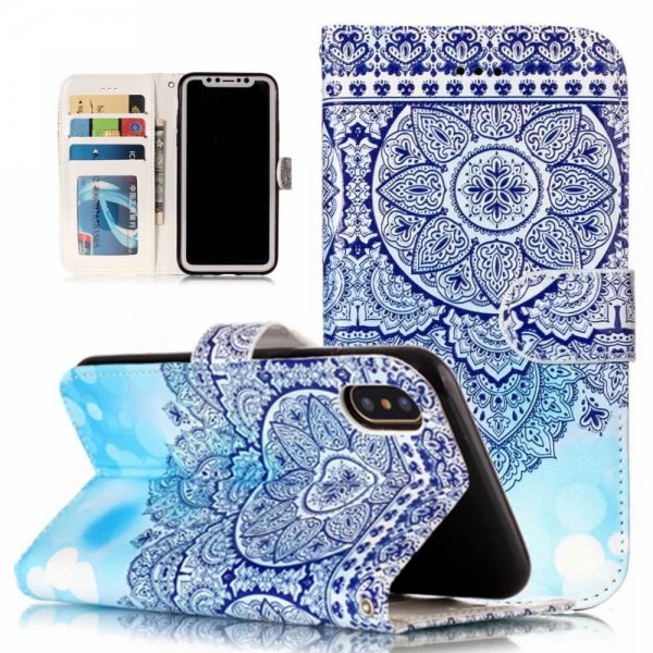 iPhone X/Xs Plånboksfodral Kortfack Motiv Blå Mandala