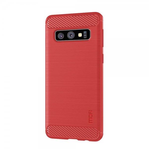 Samsung Galaxy S10 Skal Borstad Kolfibertextur TPU Röd