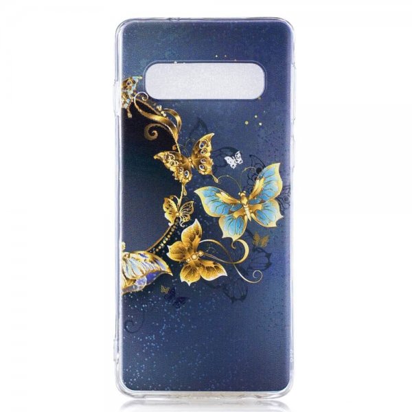 Samsung Galaxy S10 Plus Skal TPU Motiv Guldiga Fjärilar på Blått
