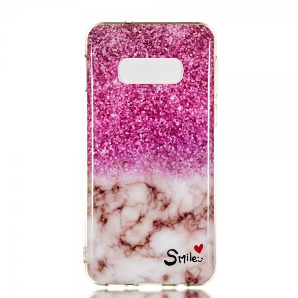 Samsung Galaxy S10E Skal TPU Motiv Rosa Glitter Vit Marmor