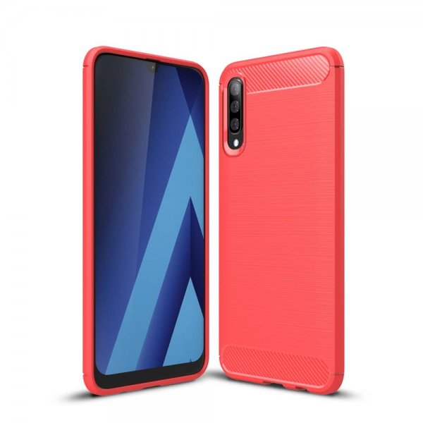 Samsung Galaxy A50 Skal Borstad Kolfibertextur TPU Röd