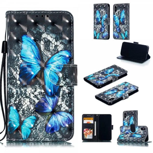 iPhone X/Xs Plånboksfodral Kortfack Motiv Blåa Fjärilar