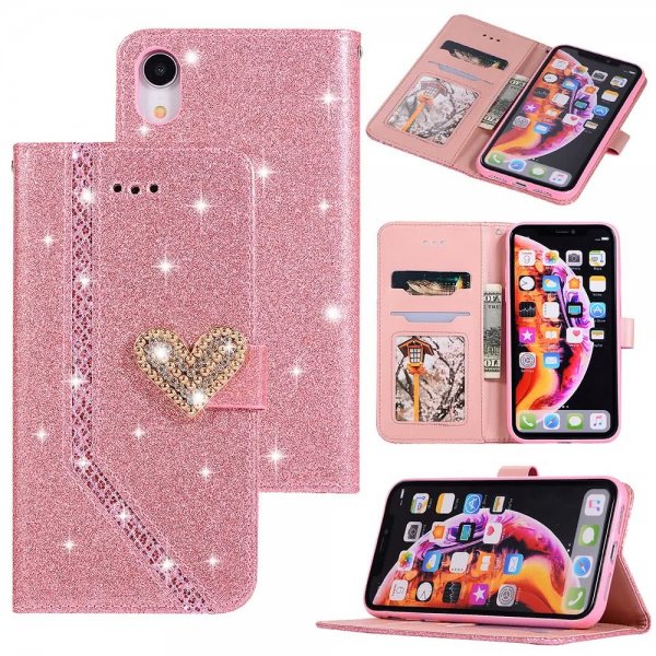 iPhone Xr Plånboksfodral Kortfack Glitter Rosa