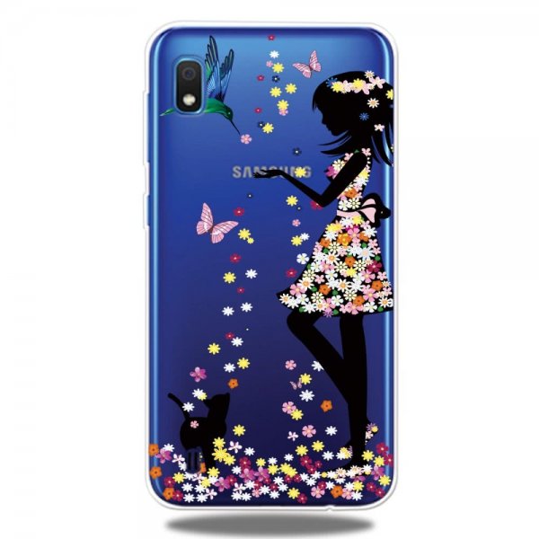 Samsung Galaxy A10 Skal TPU Motiv Tjej med Katt och Fjärilar Transparent