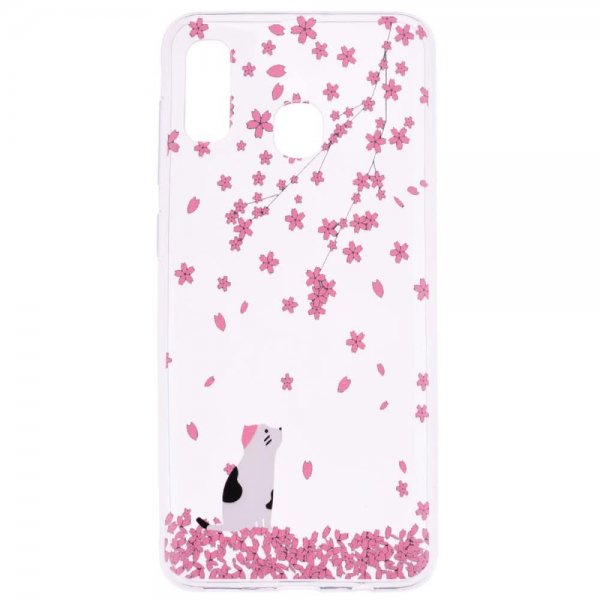 Huawei P30 Lite Skal TPU Motiv Rosa Blommor och Katt