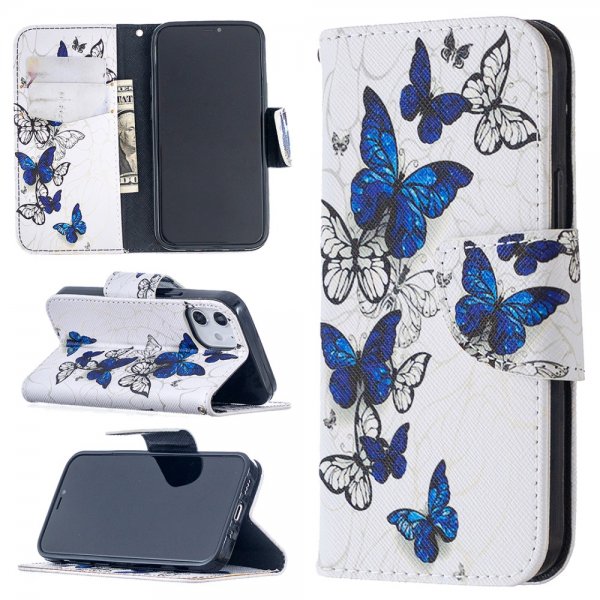 iPhone 12 Mini Fodral Motiv Blåa Fjärilar på Vitt