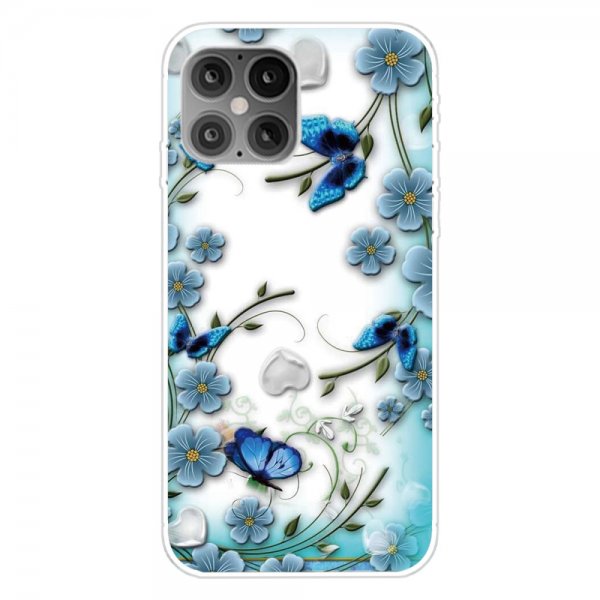 iPhone 12/iPhone 12 Pro Skal Motiv Blå Fjärilar och Blommor