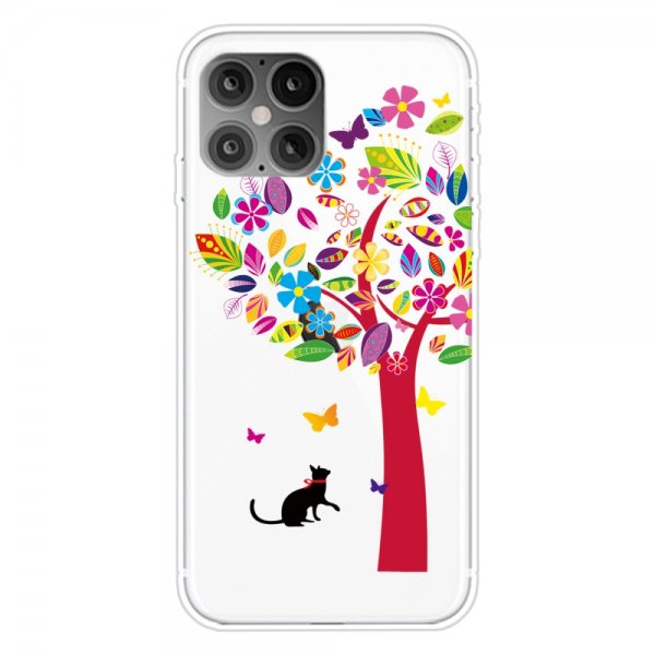 iPhone 12/iPhone 12 Pro Skal Motiv Färgglatt Träd Katt