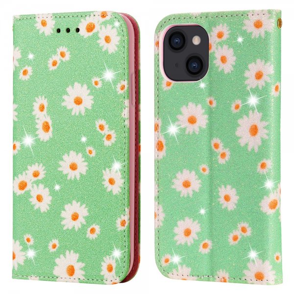 iPhone 13 Mini Fodral Glitter Blommönster Grön