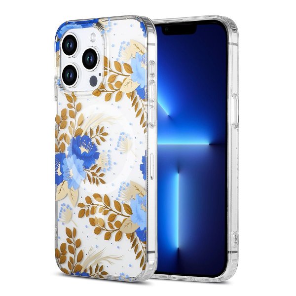 iPhone 13 Pro Max Skal Blommönster MagSafe Blå Guld