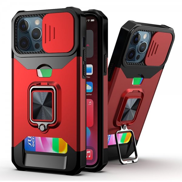 iPhone 13 Pro Max Skal Kameraskydd Kortfack Stativfunktion Röd