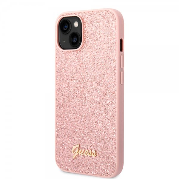 iPhone 14 Plus Skal Glitter Flakes Metal Logo Rosa