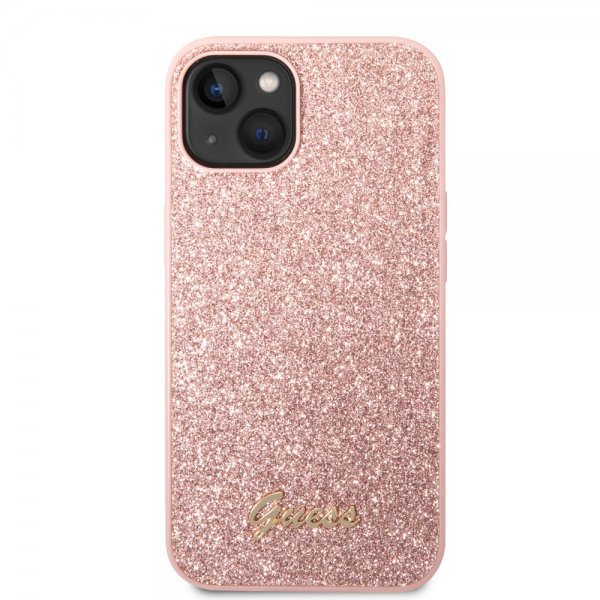 iPhone 14 Plus Skal Glitter Flakes Metal Logo Rosa