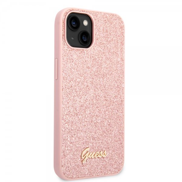 iPhone 14 Plus Skal Glitter Flakes Metal Logo Rosa